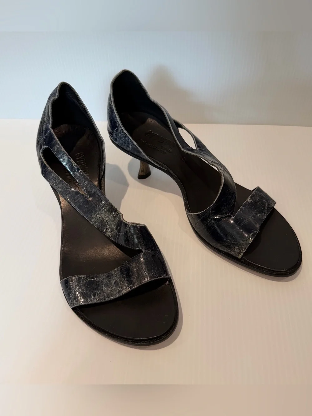 Cydwoq Vintage Black leather Spool Heel Sandals